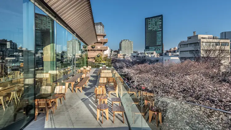 View from one of two outdoor decks of the Tokyo Roastery showing both the side of the Roastery and the surrounding city